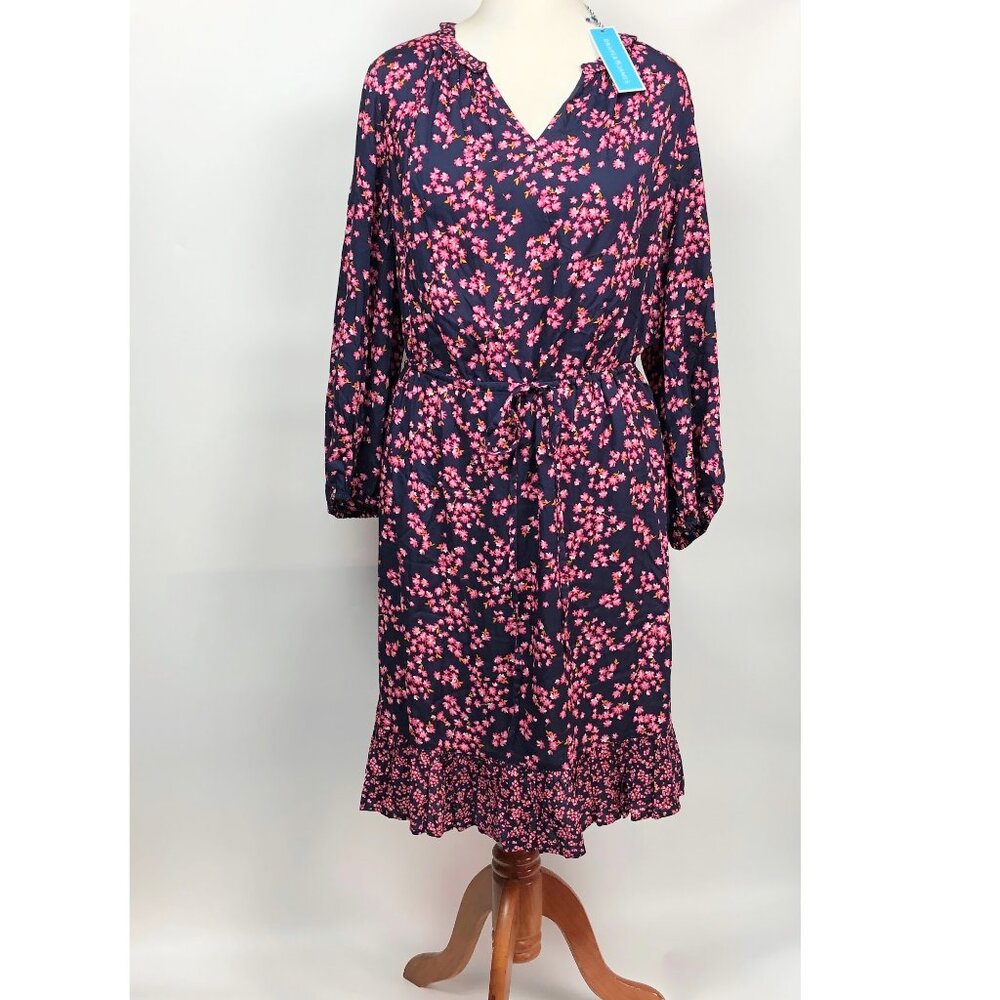 Draper James Lucinda Popover Dress Navy w/ Pink Flowers Ruffles Vneck 2X NWT